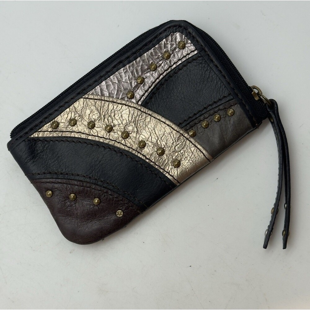 Vintage Fossil Betsy ID Coin CC Key Case Black Silver Gold Studded Zip Around